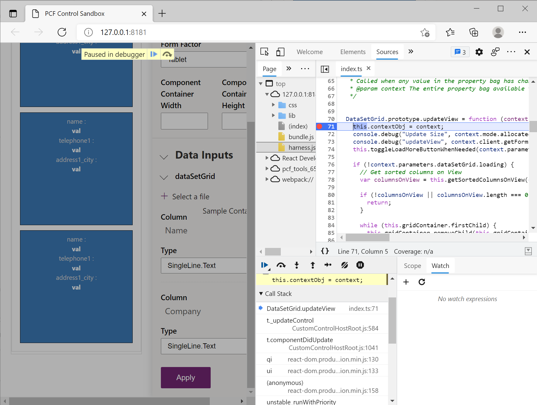 Screenshot of Microsoft Edge DevTools paused at an updateView breakpoint.