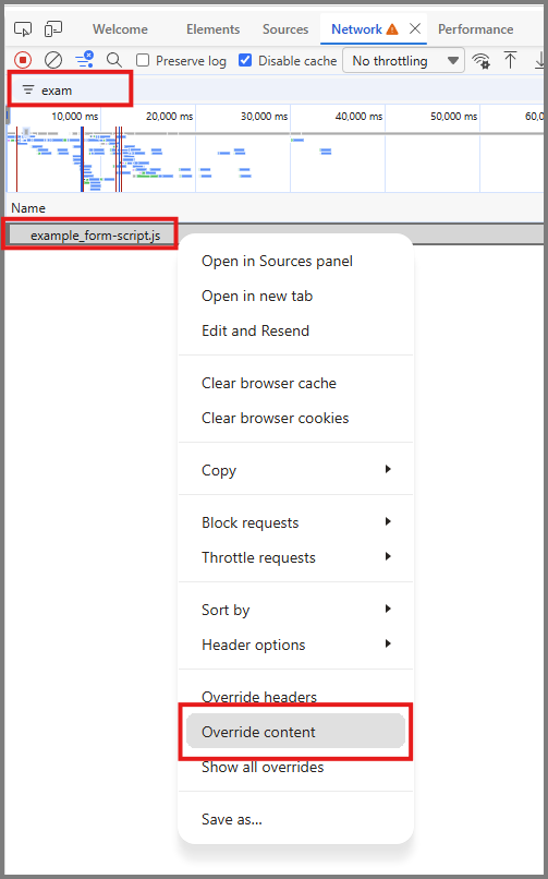 Screenshot of the Network tool filtered for example_form-script.js with the Override content command selected.