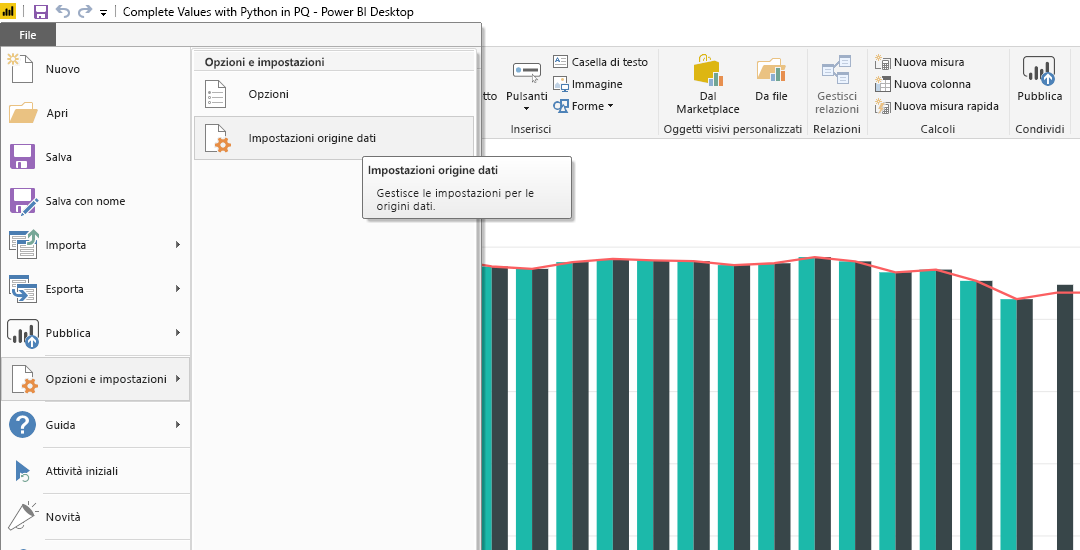 Screenshot del menu File in Power BI Desktop, che mostra la selezione delle impostazioni dell'origine dati.