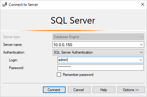 Screenshot di SQL Server Management Studio: Connetti con il server di database SQL.