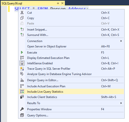 Screenshot di SQL Server Management Studio, che visualizza il pulsante Live Query Statistics nel menu popup.
