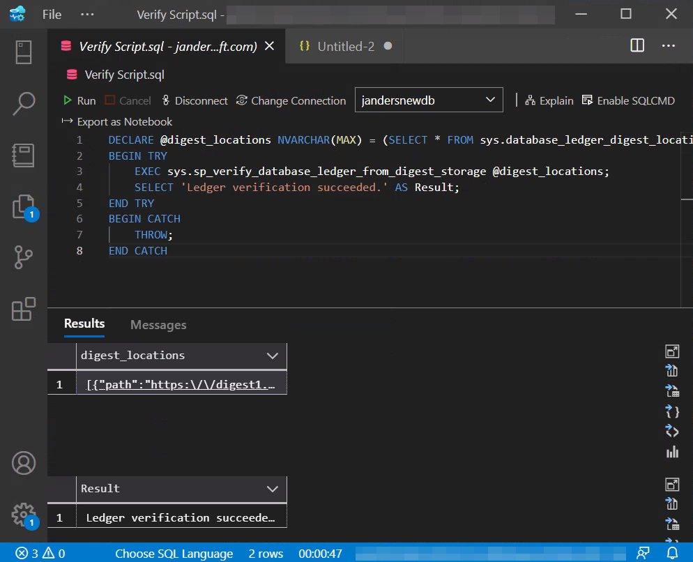 Screenshot della verifica del libro mastro in corso con Visual Studio Code.