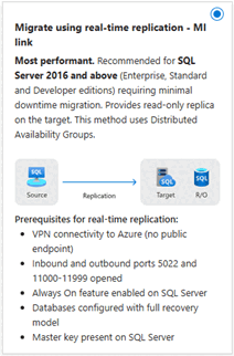 Screenshot dell'opzione di migrazione del collegamento MI nella pagina Esegui migrazione dei dati nel portale Azure.