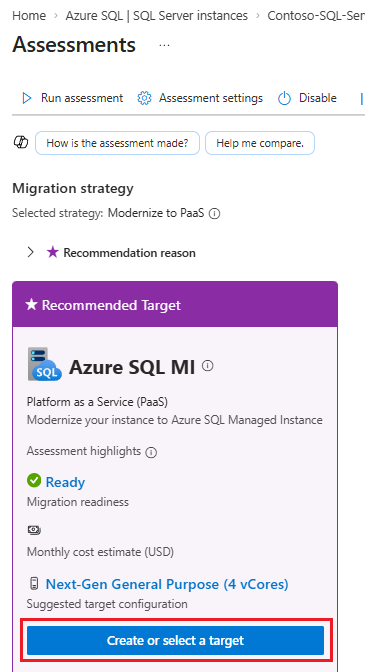 Screenshot che mostra il riquadro Valutazioni nel portale di Azure, con Crea Target evidenziato.