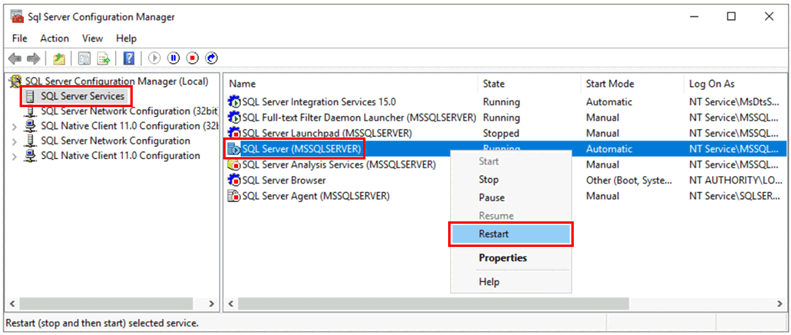 Screenshot che mostra il comando SQL Server restart call.