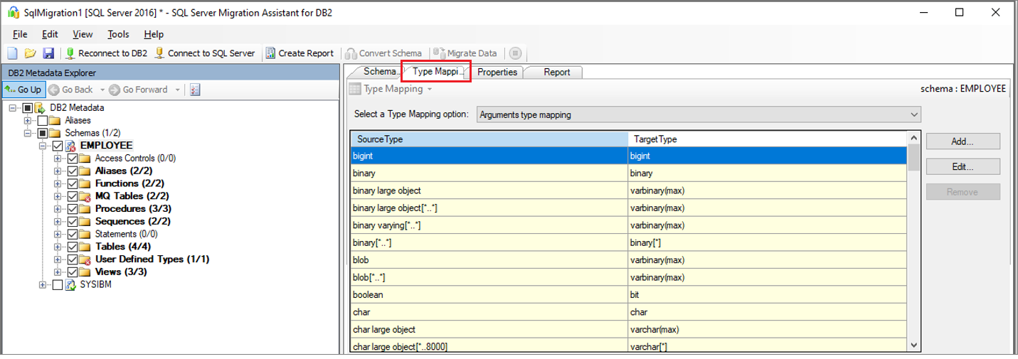 Screenshot del riquadro 'Type Mapping' in SSMA per DB2.