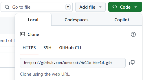 Screenshot del menu a discesa del pulsante Codice con le opzioni di clonazione.