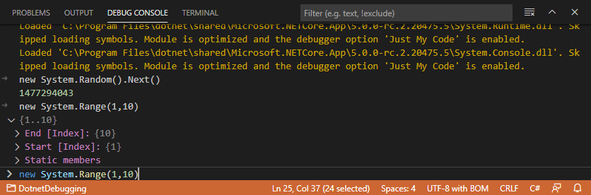 Screenshot della console di debug di Visual Studio Code.