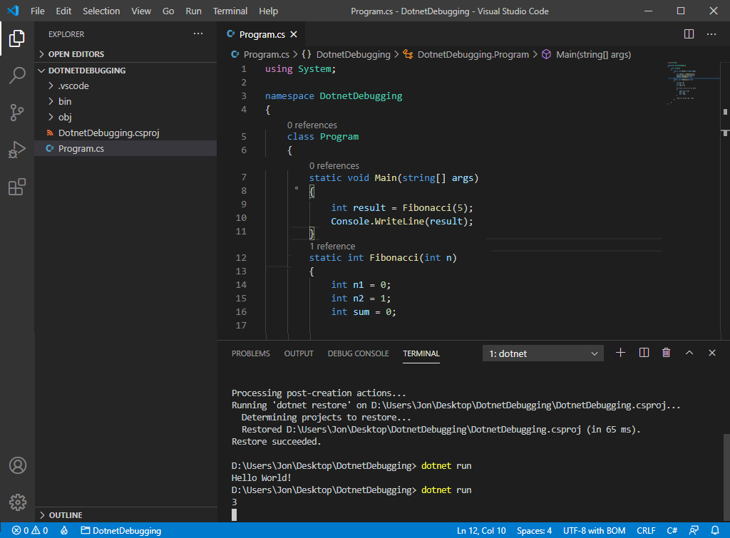 Finestra del terminale con output del programma modificato.