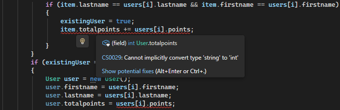 Screenshot che mostra l'errore di conversione del tipo in Visual Studio.