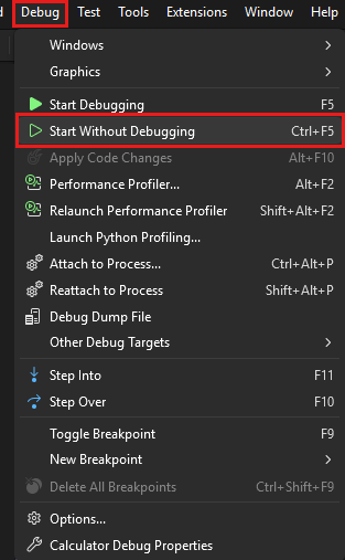 Screenshot che mostra l'elemento del menu Debug > Avvia senza debug.