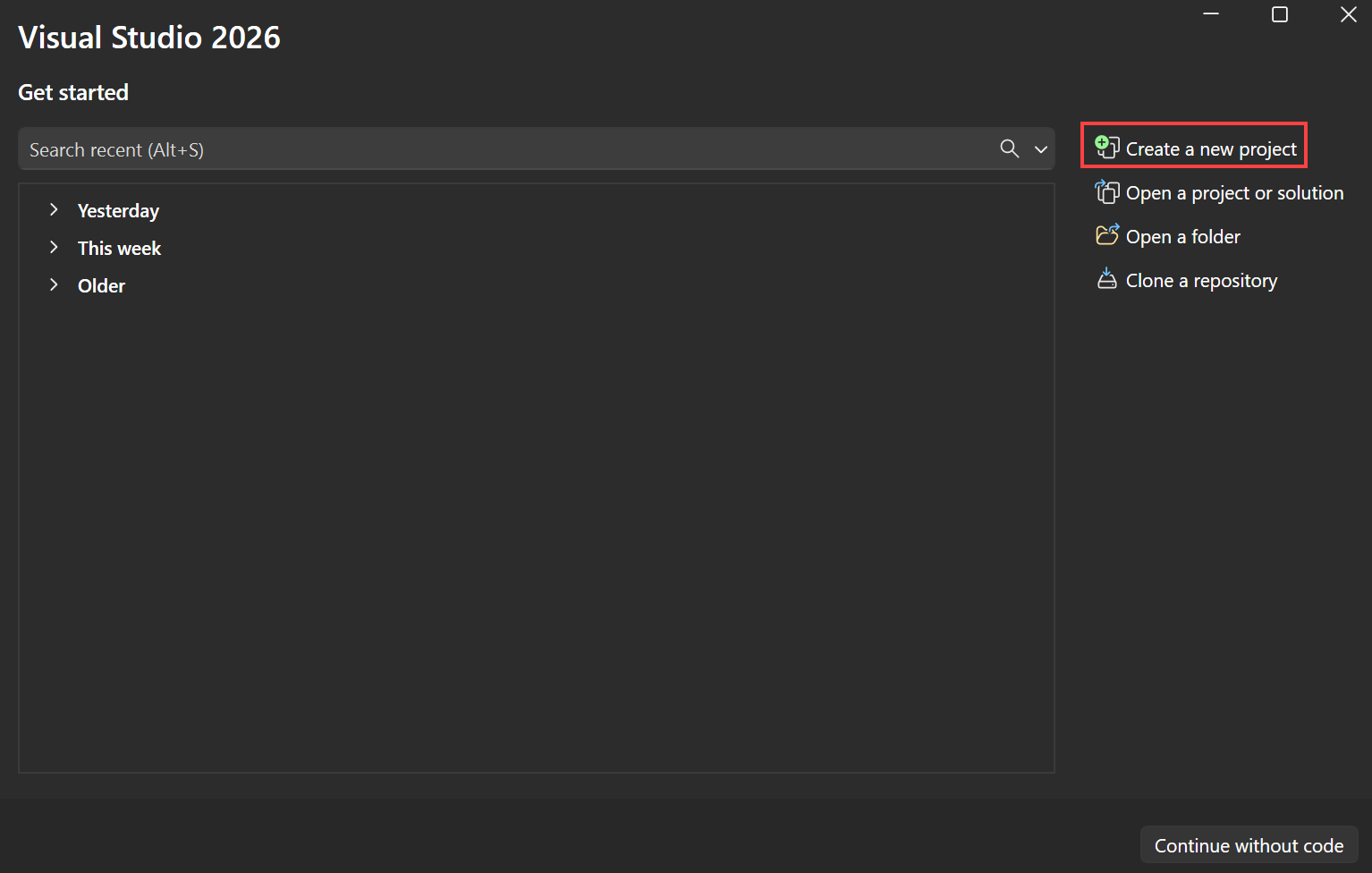 Screenshot che mostra la finestra iniziale di Visual Studio con l'opzione Crea un nuovo progetto selezionata.