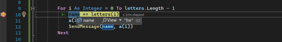 Screenshot che mostra l'esecuzione del debugging interrotta nell'editor di codice con la variabile nome evidenziata e una didascalia che mostra il valore.