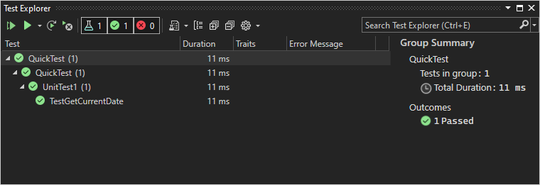 Screenshot di Test Explorer in Visual Studio che mostra che il test TestGetCurrentDate è stato superato.
