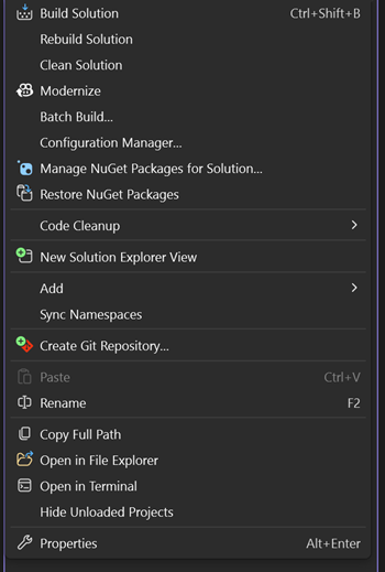 Screenshot del menu di scelta rapida di un nodo della soluzione in Esplora soluzioni.