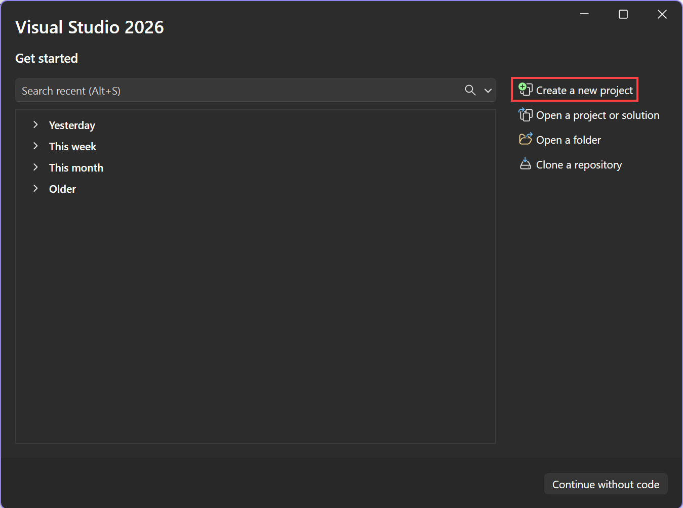 Screenshot che mostra l'opzione Crea un nuovo progetto.