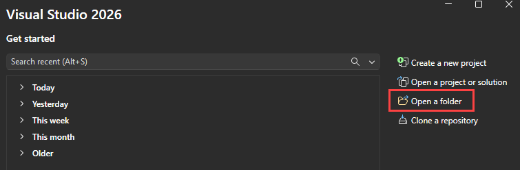 Screenshot che mostra come selezionare l'opzione Apri una cartella locale quando Visual Studio starts.