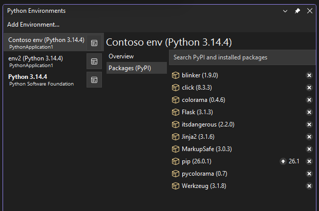 Screenshot che mostra i pacchetti correnti per l'ambiente selezionato nella finestra Python Environments.