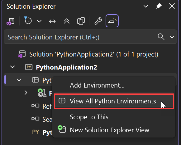 Screenshot del comando Visualizza tutti gli ambienti Python in Esplora soluzioni.