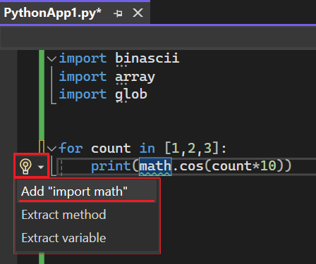 Screenshot che mostra lo smart tag per un identificatore che richiede un'istruzione import aggiunta in Visual Studio 2022.