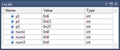 Screenshot della finestra Variabili locali in Visual Studio che mostra parametri e variabili locali per una funzione in un'applicazione a 64 bit ottimizzata.