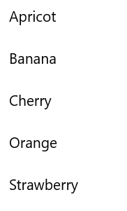 Screenshot di una visualizzazione semplice di un elenco che mostra un elenco di frutti.