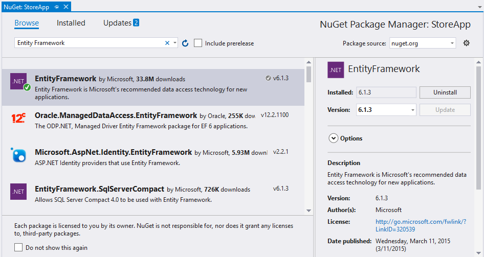 Entity Framework の追加