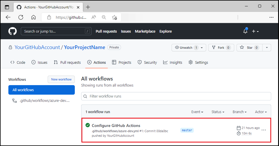 GitHubワークフロー実行中のスクリーンショット