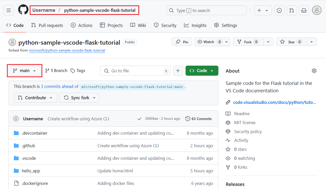 GitHub Actions ワークフローが定義されているリポジトリとブランチに移動する方法を示すスクリーンショット。