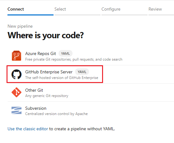 コードの場所として [GitHub] を選択しているスクリーンショット。