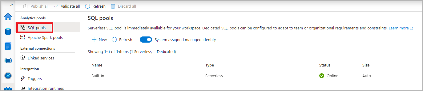 SQL プールナビゲーションが選択されている Synapse Studio 管理ハブのスクリーンショット。