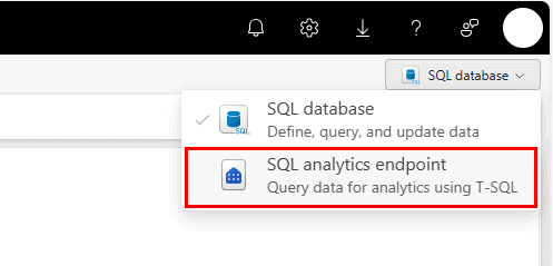 SQL データベースまたは SQL 分析エンドポイントのドロップダウン リスト セレクターの Fabric ポータルのスクリーンショット。