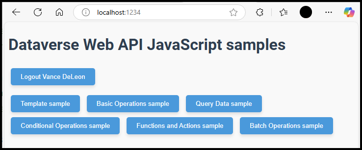 使用可能なサンプルを実行するためのボタンを含む SPA サンプル アプリケーション