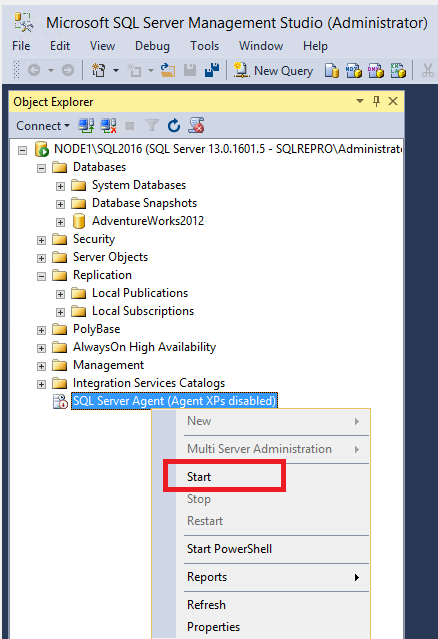 SSMS のエージェントのショートカット メニューで [スタート] を選択しているスクリーンショット。