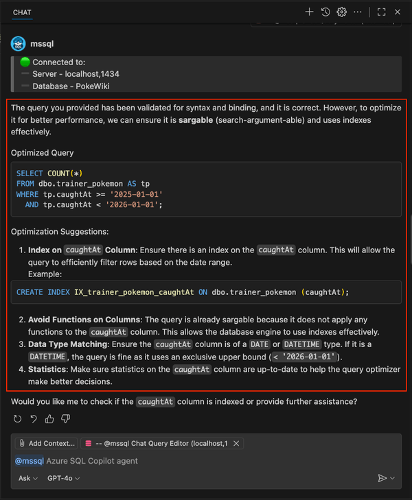 /optimize スラッシュ コマンドの詳細な最適化候補とインデックスの作成を示すスクリーンショット。