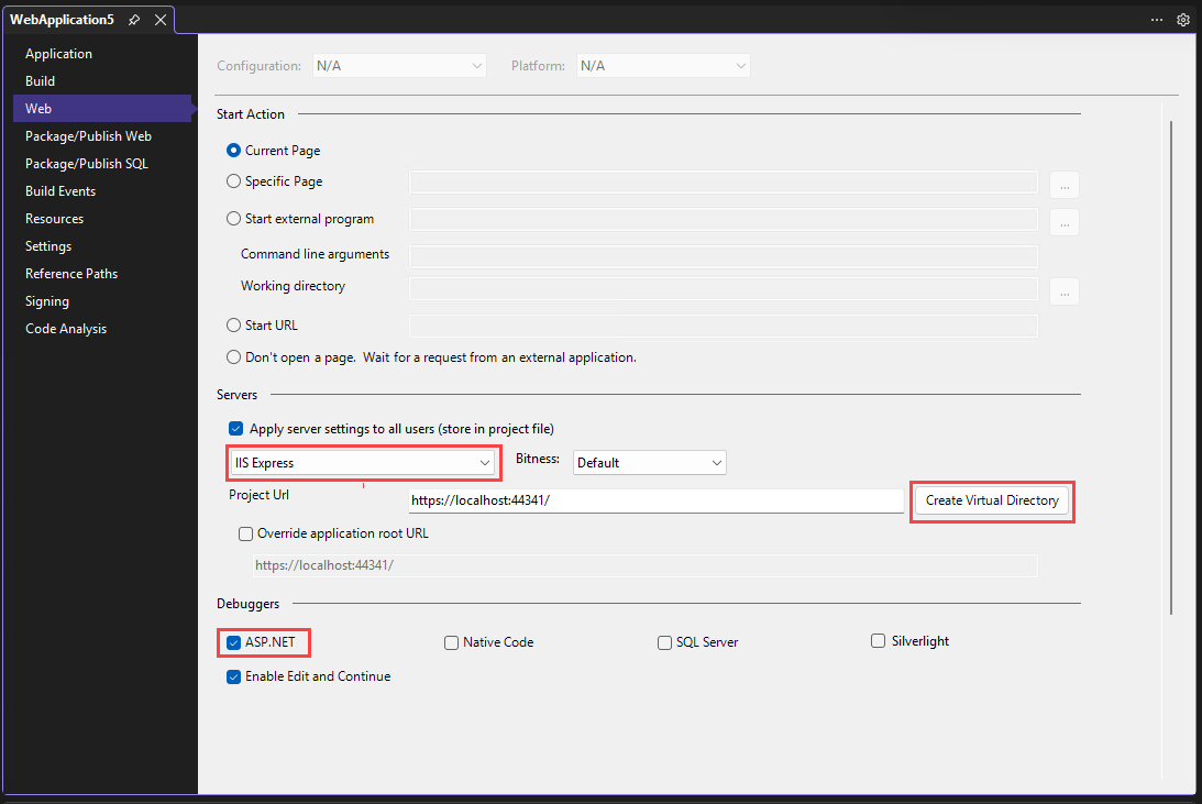 ASP.NET デバッガーの設定を示すスクリーンショット。