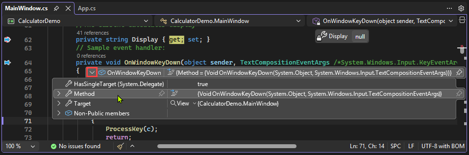 Visual Studio のデータ ヒント内のオブジェクトの展開矢印を選択する方法を示すスクリーンショット。