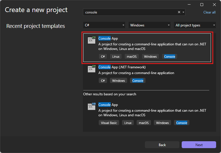 Visual Studio の [新しいプロジェクトの作成] ウィンドウの [コンソール アプリケーション] テンプレートのスクリーンショット。