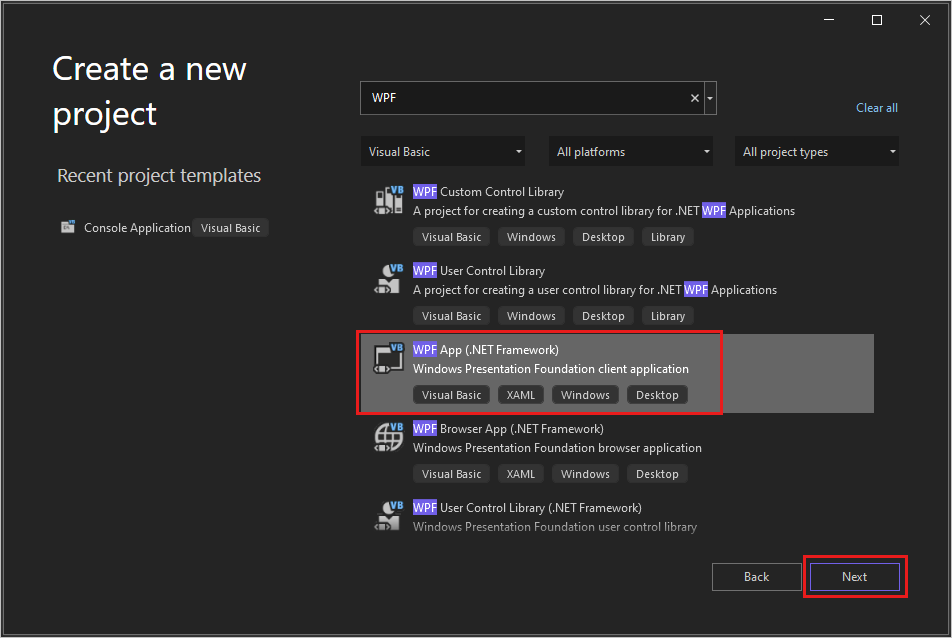 検索ボックスに 'WPF' を入力し、言語の一覧で [Visual Basic] が選択され、[WPF アプリ (.NET Framework)]プロジェクト テンプレートが強調表示されている [新しいプロジェクトの作成] ダイアログのスクリーンショット。