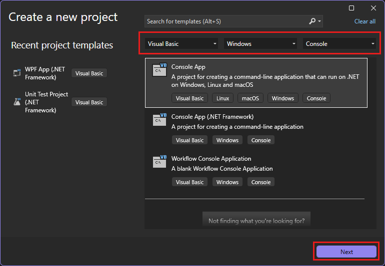 Visual Basic コンソール アプリケーションが選択された [新しいプロジェクトの作成] ウィンドウのスクリーンショット。