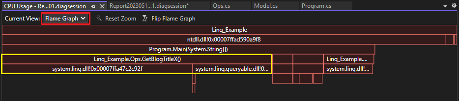 CPU 使用率ツールの [Flame Graph] ビューのスクリーンショット。