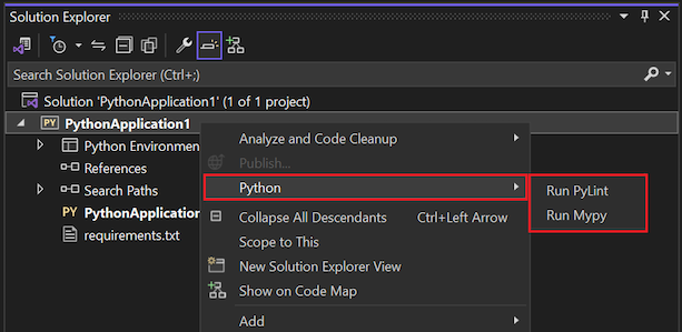 ソリューション エクスプローラーで Python プロジェクトで使用できる linting コマンドを示すスクリーンショット。