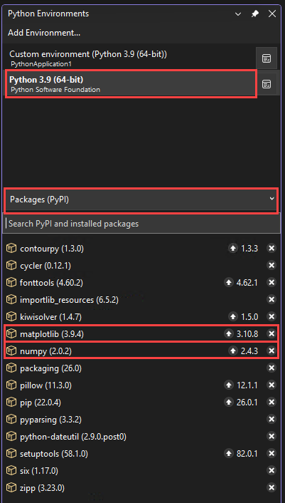 Visual Studio の [Python 環境] ウィンドウで、選択した環境用に新しくインストールされた matplotlib パッケージと numpy パッケージを示すスクリーンショット。