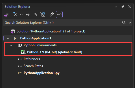 Visual Studio のソリューション エクスプローラーの [Python 環境] ノードを示すスクリーンショット。