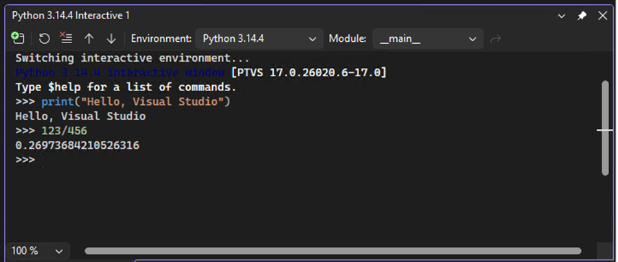 Visual Studio で入力したコードの即時の結果が対話型ウィンドウに表示される方法を示すスクリーンショット。