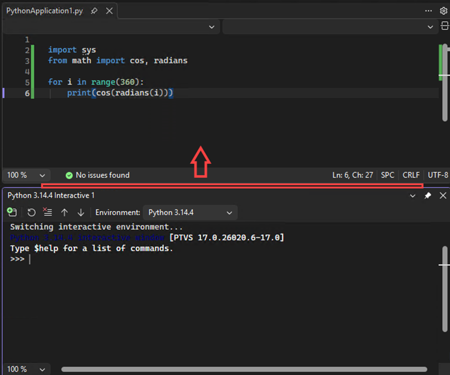 区切り記号を移動して Visual Studio の対話型ウィンドウのサイズを大きくする方法を示すスクリーンショット。
