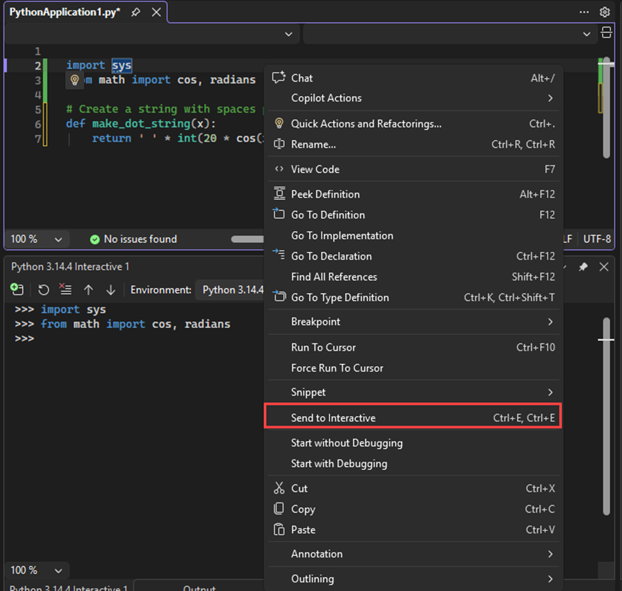 Visual Studio の対話型ウィンドウに import ステートメントと from ステートメントのコードを送信する方法を示すスクリーンショット。