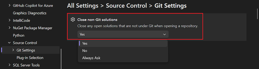 [オプション] ウィンドウの [Git 以外のソリューションを閉じる] オプションのスクリーンショット。