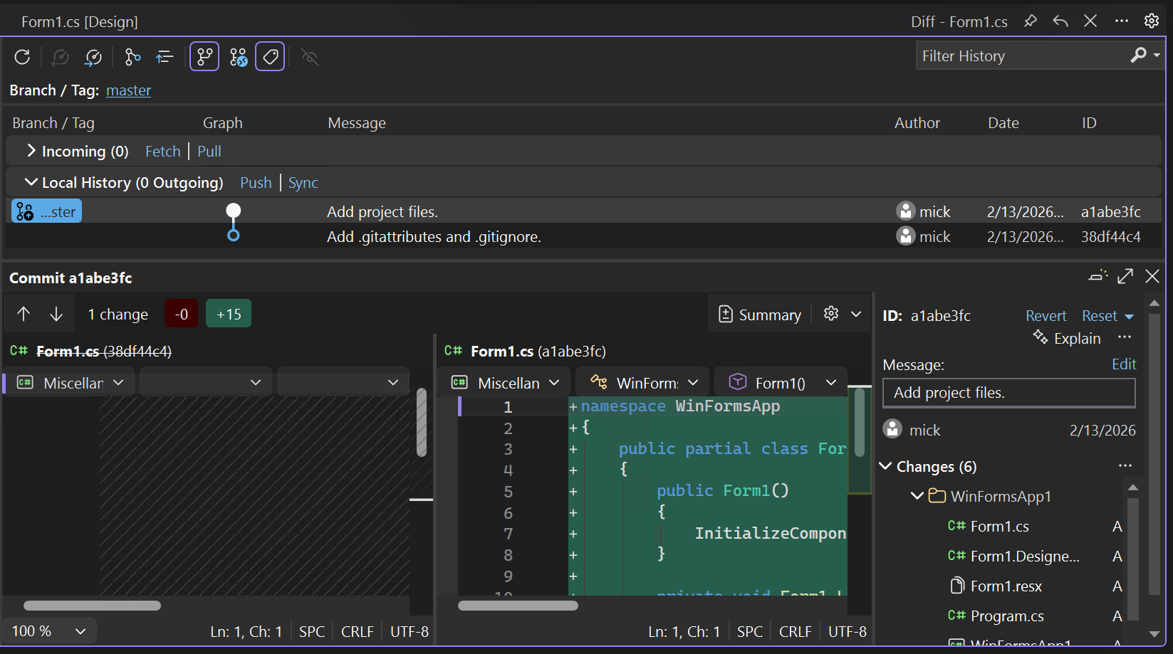 Visual Studio の [コミットの詳細] ダイアログを示すスクリーンショット。