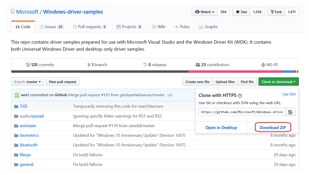 [全般] フォルダーと [ZIP のダウンロード] ボタンが表示されている GitHub リポジトリのスクリーンショット。